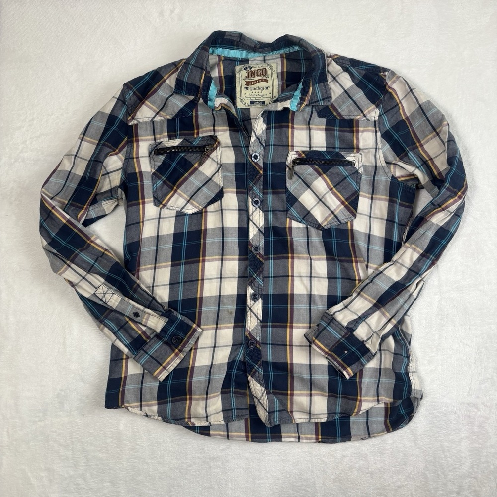 Y2K JNCO Blue Plaid Button Up Long Sleeve Casual Shirt‎ Men's Large Stains
